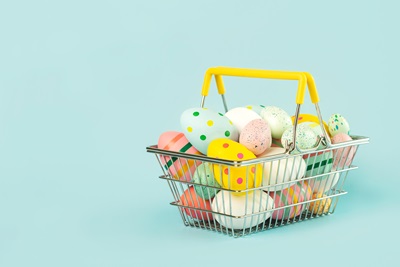 Shopping basket filled with Easter eggs
